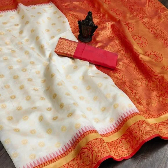 BEAUTIFUL WHITE AND RED SOFT SILK COMBINATION SAREE AND CONTRAST BLOUSE - Picture 5 of 9